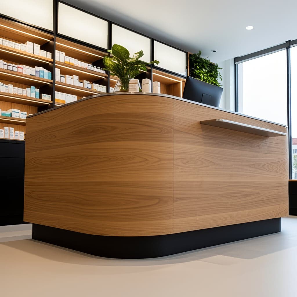 Le comptoir courbe et son socle en retrait.